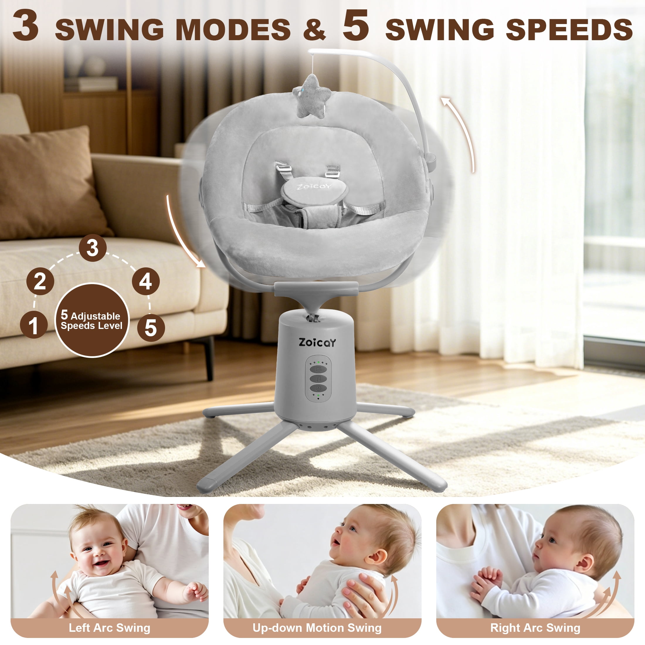 Zoicay Electric Baby Swing with App Remote Control, 5 Speeds 3 Sway Modes, Bluetooth Music, 5-Point Harness Infant Swing, Gray