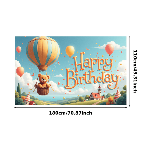 Colorful Balloons Happy Birthday Banner Teddy Bear Hot Air Balloon Decorative Design for Kid's Birthday Party Celebration Indoor Decoration