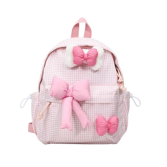 FUZHIQ Gingham Bow School Backpack for 1st 2nd 3rd 4th 5th Grade, 3D Bow Decor Cute Bookbag, Lightweight Casual Elementary School Bag, Pink