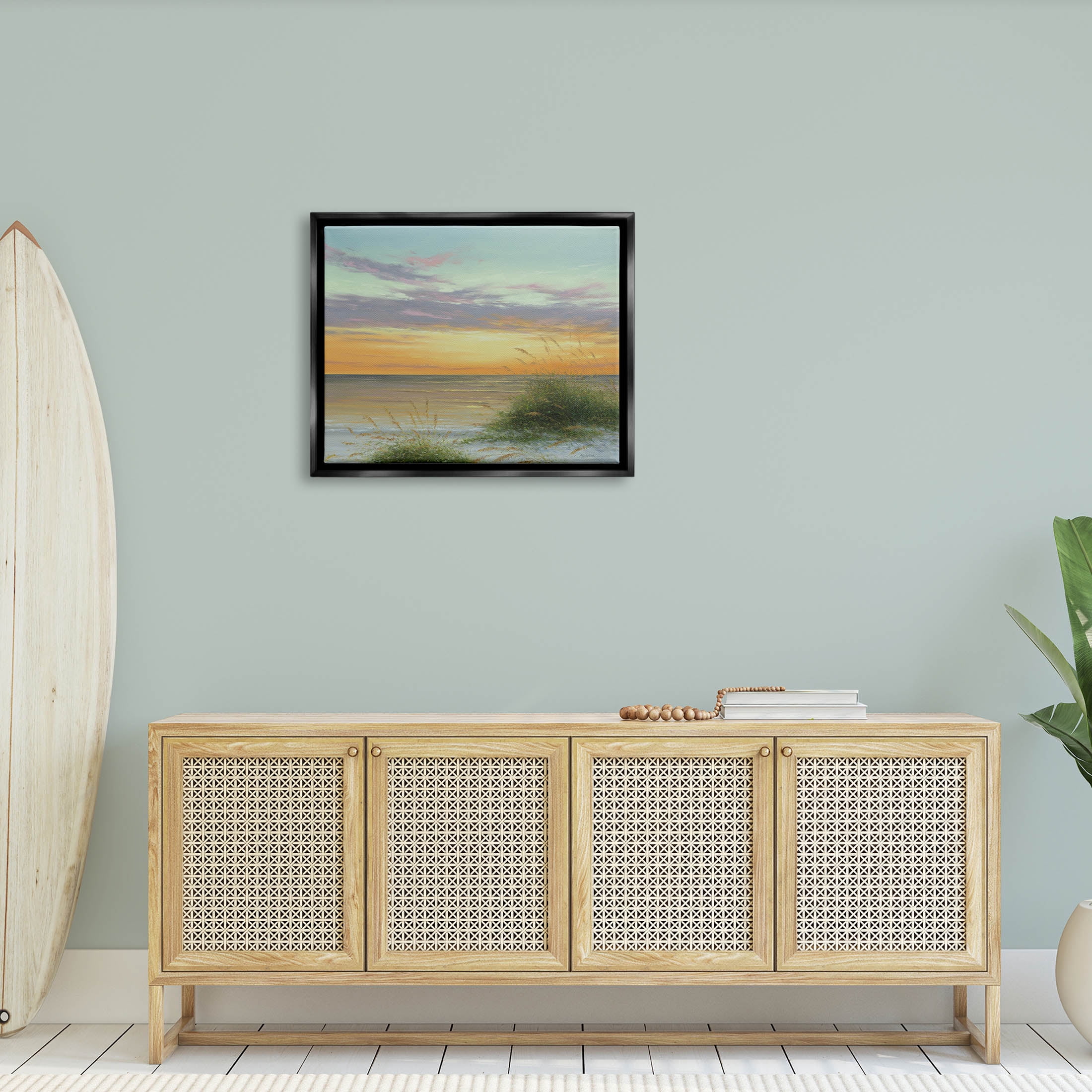 Coastal Reeds Sunset Beach Shore Coastal Painting Jet Black Framed Art Print Wall Art
