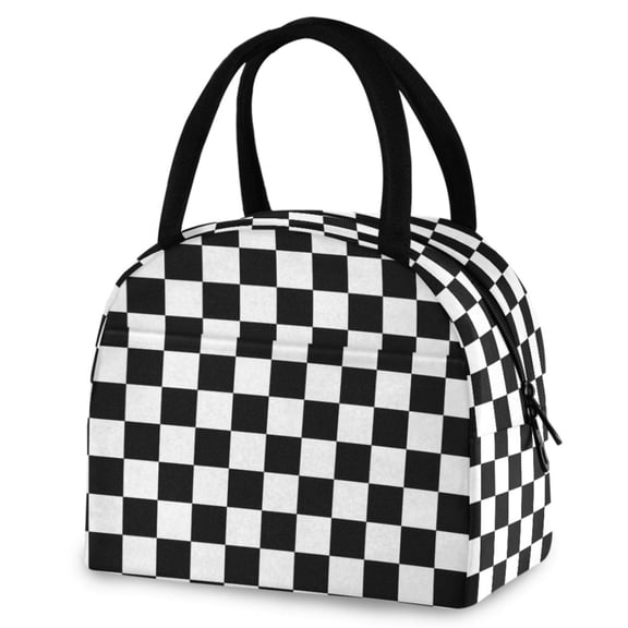 ALAZA White and Black Checkered Grid Art Pattern Insulated Lunch Box Reusable Cooler Tote Bag Work Office Picnic