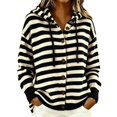 thumbnail image 2 of Women Hooded Button Front Knit Cardigan Top,Striped Outerwear Knitted Hooded,Oversized Drawstring Long Sleeve Loose Soft Sweater Coat,Fall Winter Warm Daily Blouse Business Casual Outfits Black, 2 of 4
