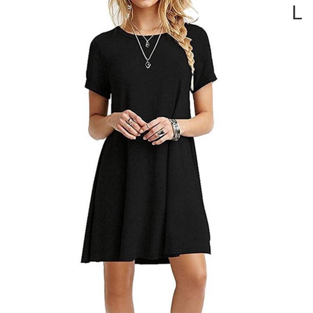 Vestido Mujer Verano Camiseta larga Vestido de manga corta de color sólido, Negro, L Methold AP001906-13