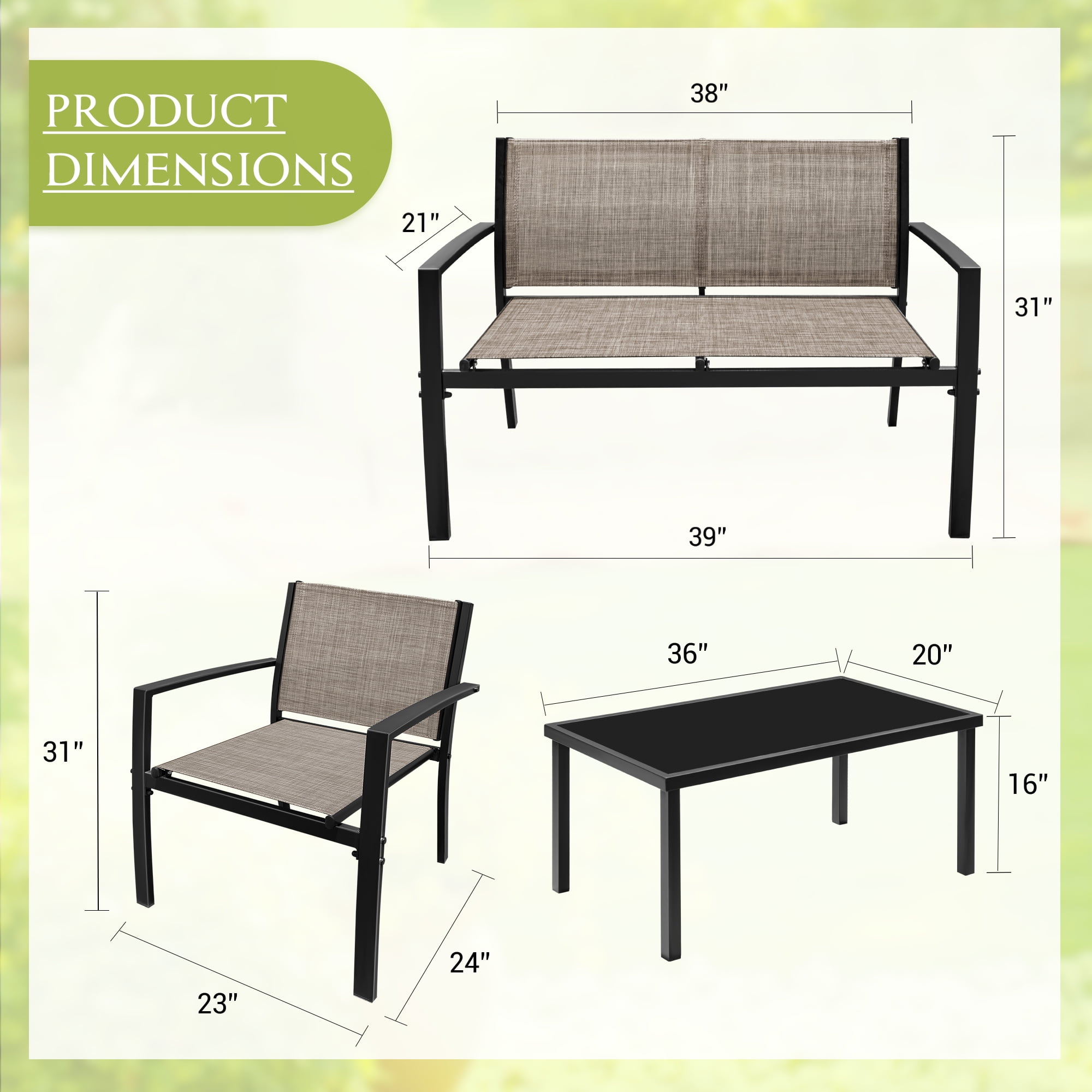 LACOO 4 Pieces Outdoor Furniture Set Patio Textilene Steel Conversation Set with Loveseat Tea Table for Lawn and Balcony, Beige