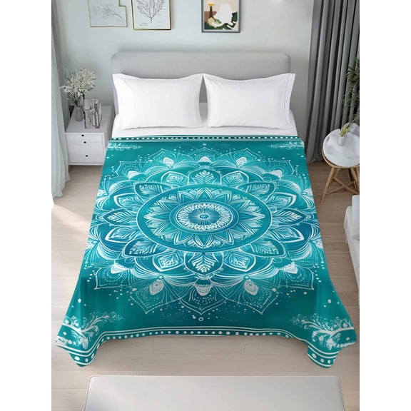 Turquoise Boho Full Size Flat Sheet, Wrinkleproof & Fadeproof Cooling Flat Bed Sheet Only, Abstract Art Floral Ethnic Tribal Breathable Soft Bedding Top Sheets 81 x 96 Inches
