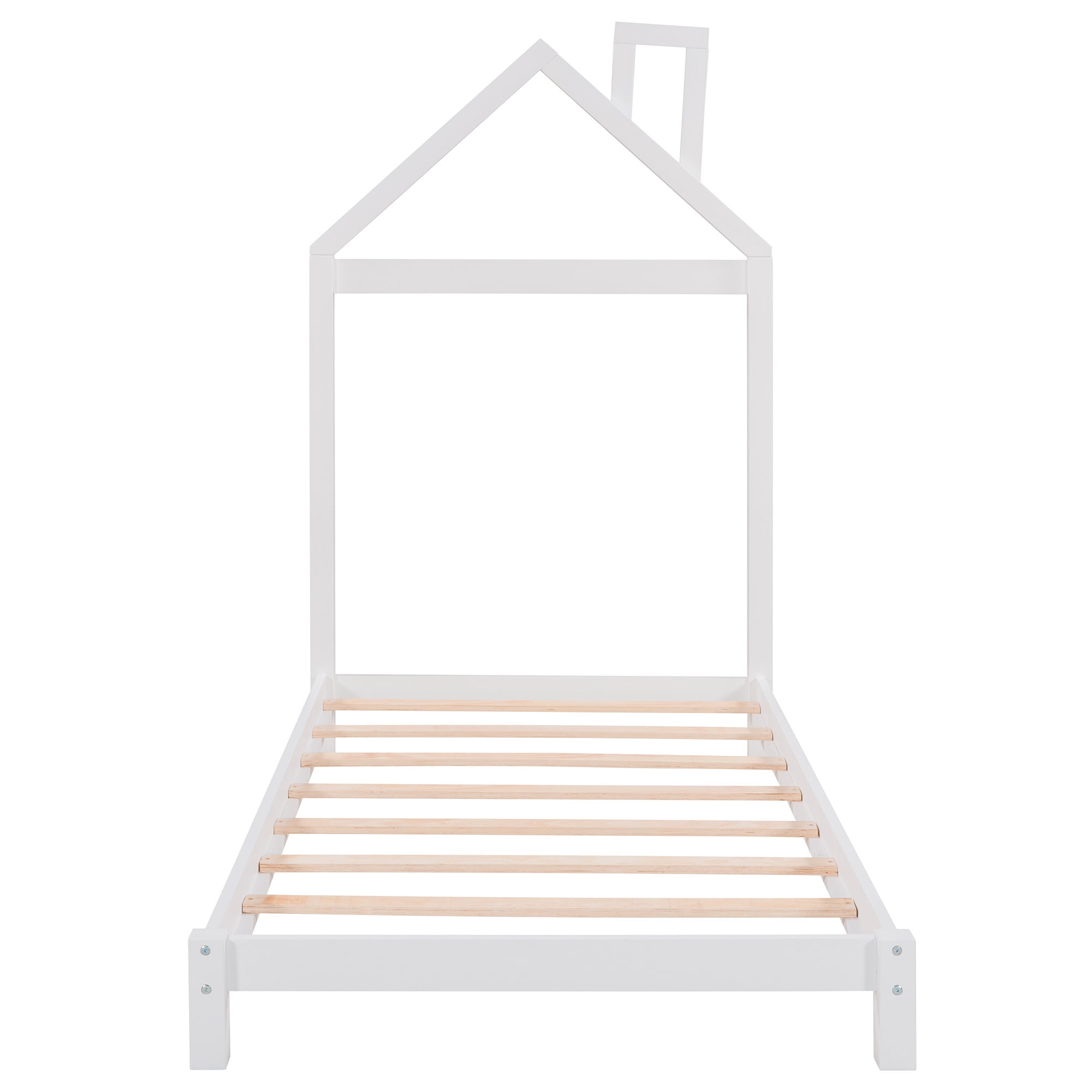 Aukfa Twin House Bed for Kids, Wood Platform Bed, Low Profile - White