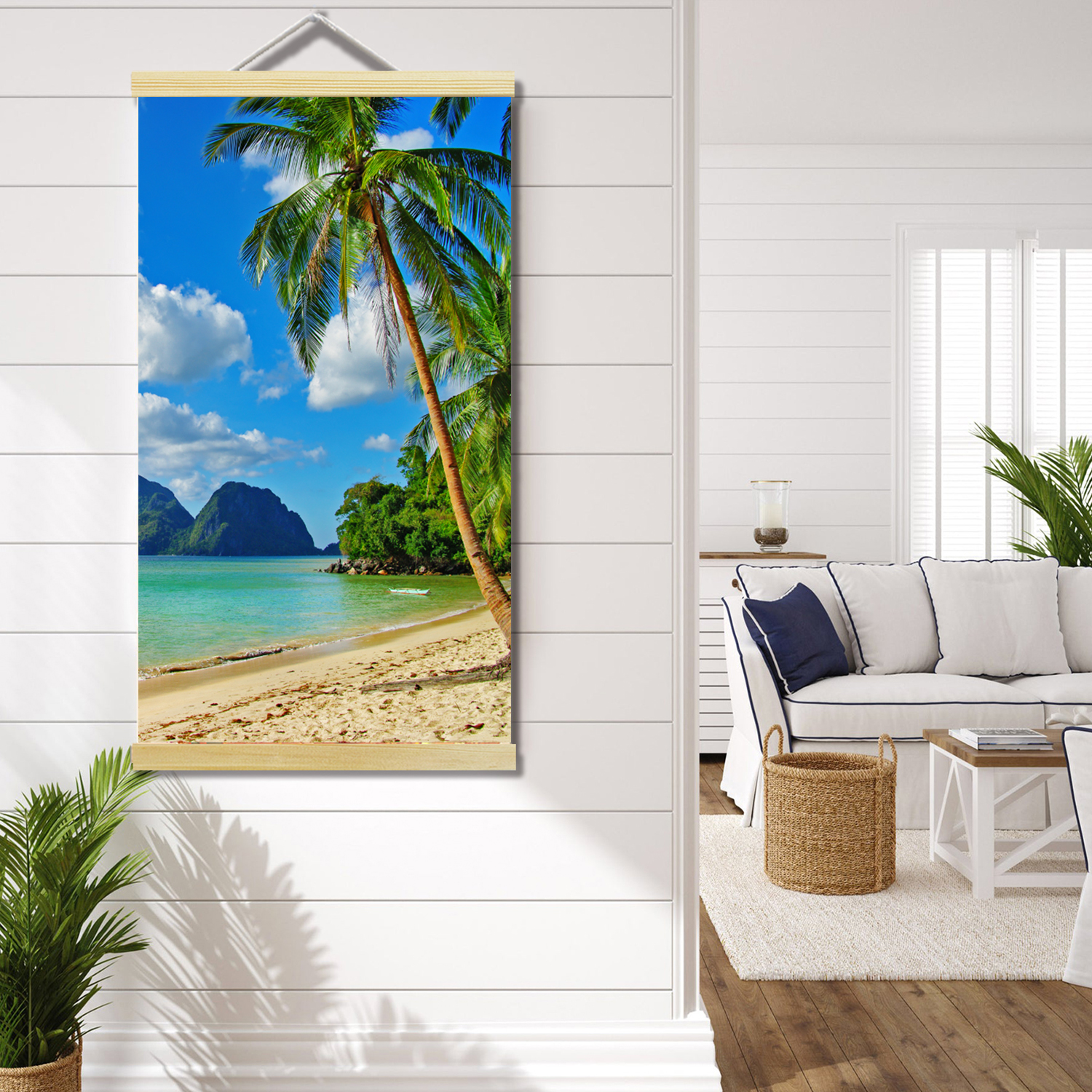 Beach Canvas Scroll Hanger Wall Art Pictures for Living Room Large Ocean Hanging Painting for Bedroom Blue Tropical Palm Tree Art Print Coastal Theme Artwork for Home Office Decoration