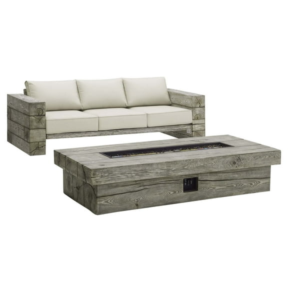 Lounge Sofa Table Set, Sunbrella, Simulated Wood, Light Grey Gray Beige, Modern Contemporary Urban Design, Outdoor Patio Balcony Cafe Bistro Garden Furniture Hotel Hospitality