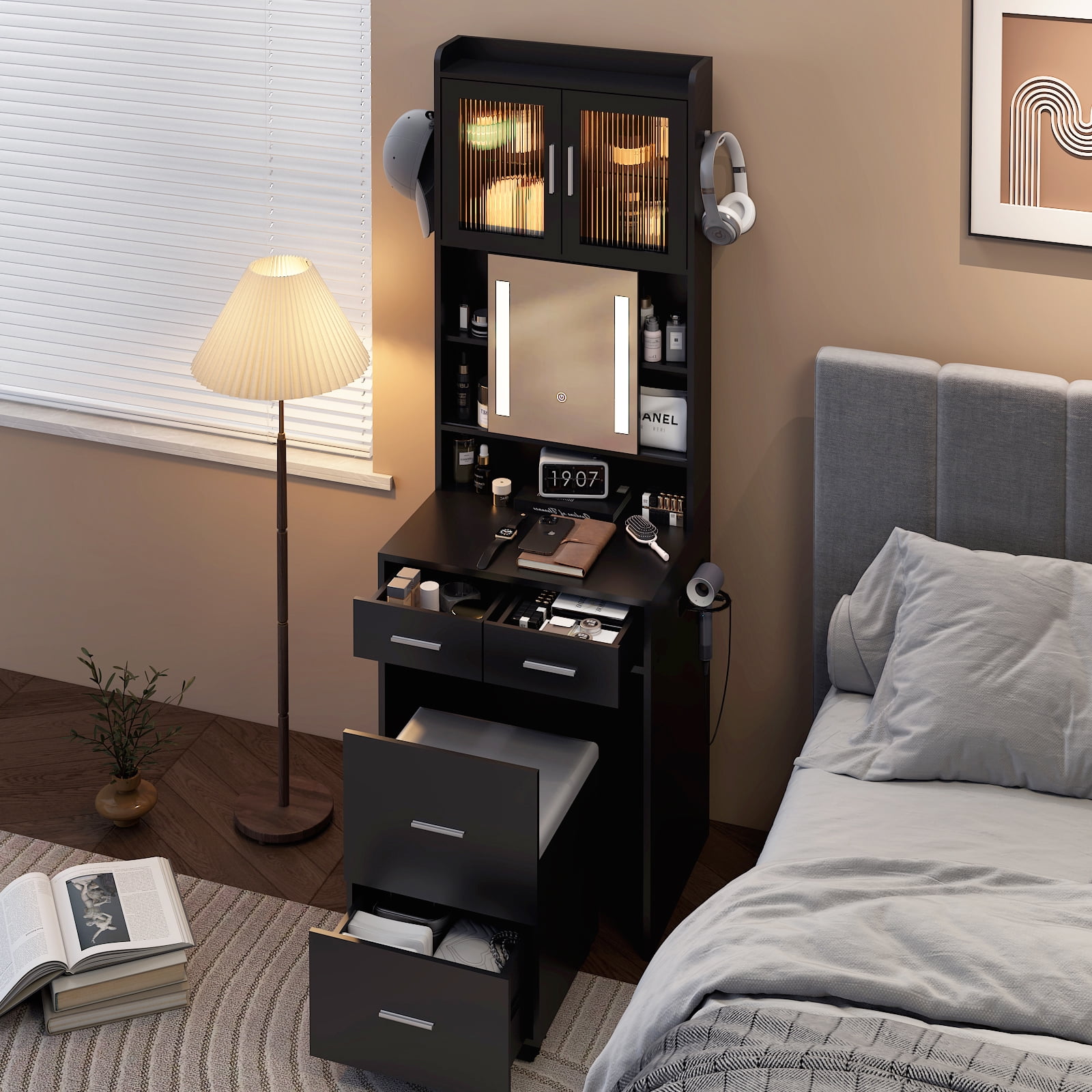 Ktaxon Makeup Vanity Table for Small Spaces, Vanity Table Set with Charging Station and Sliding Mirror, Bedroom Makeup Table, Black