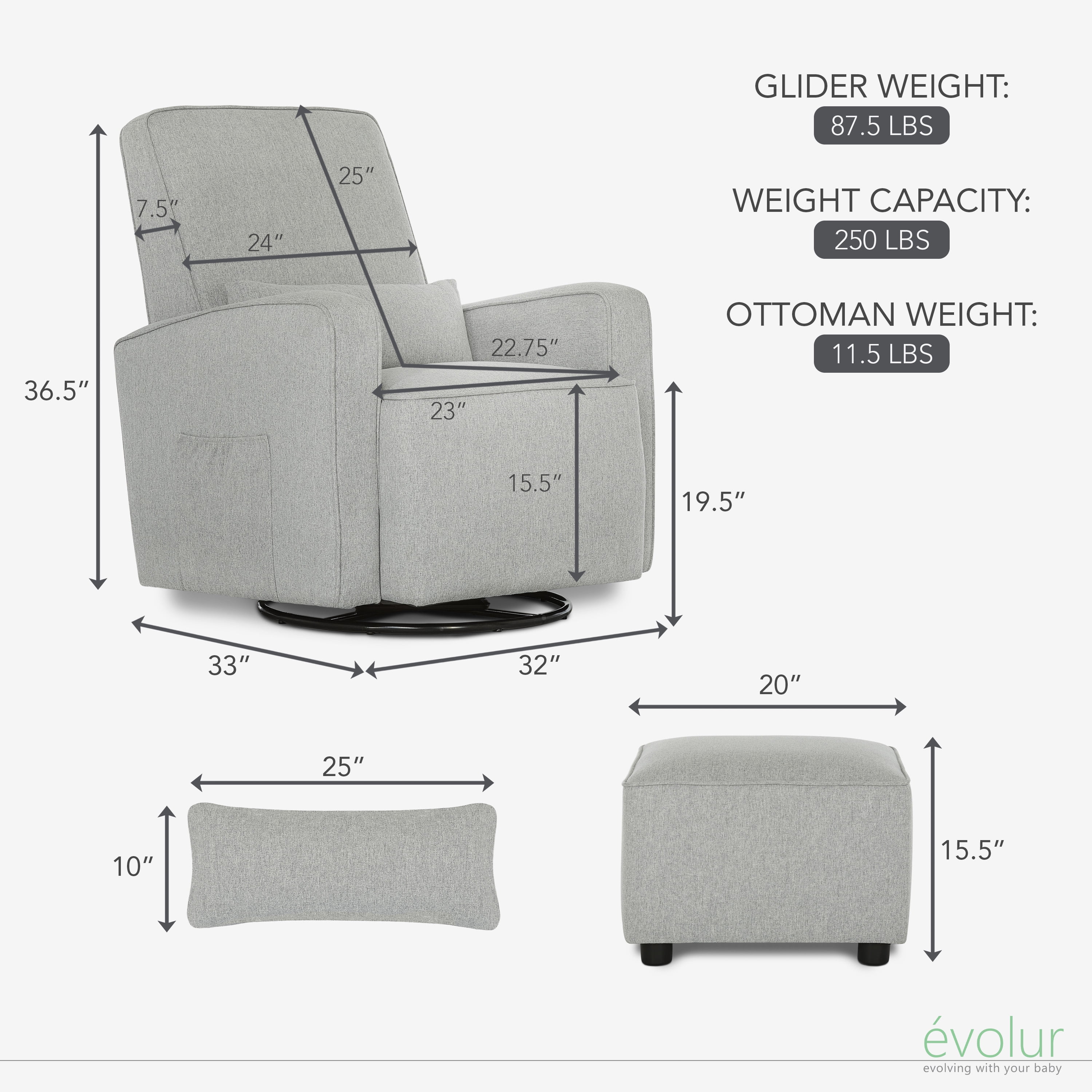 Evolur Holland Upholstered Swivel Glider | Rocker I Included Lumbar Pillow I Modern Design, Harbor