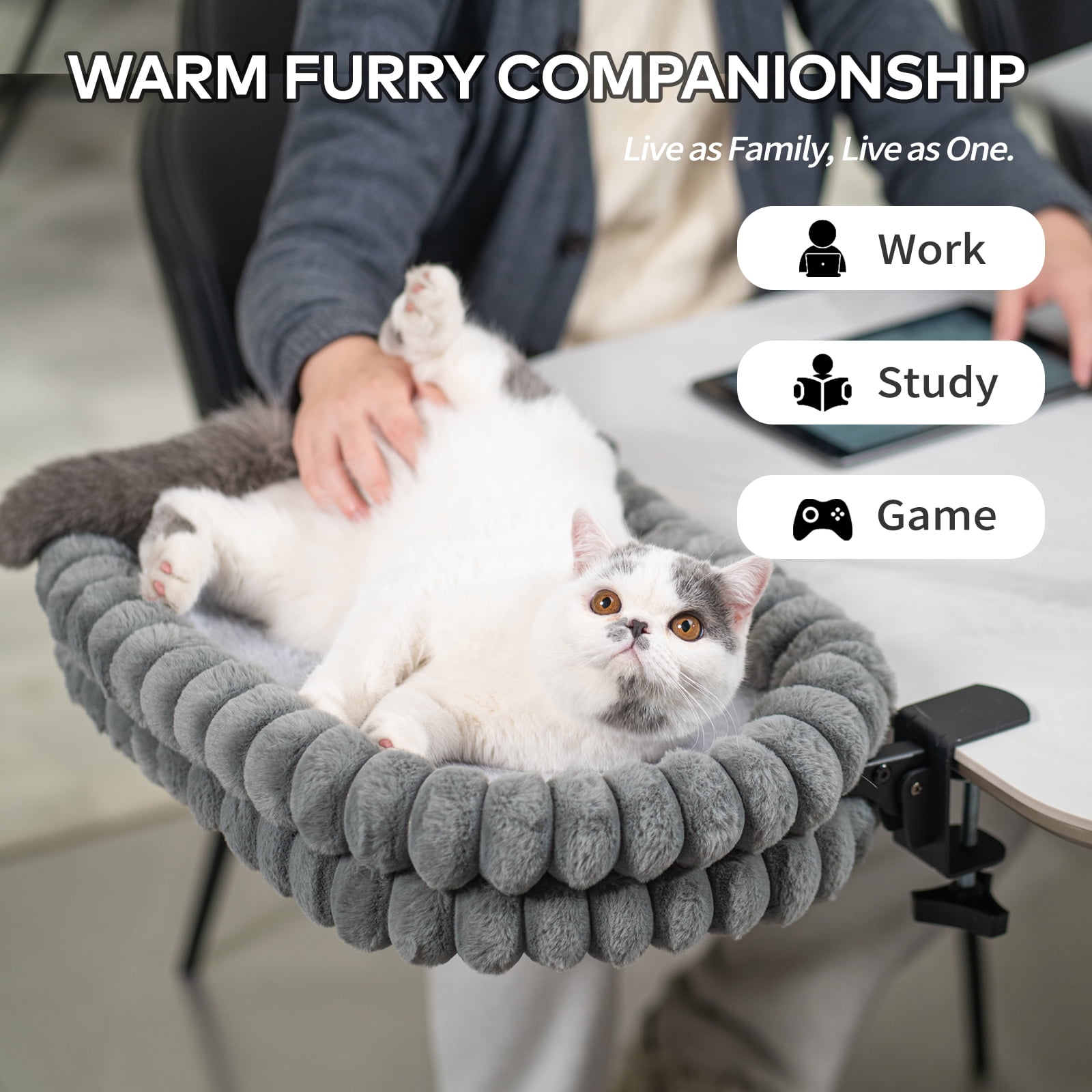 CheerPals Cat Desk Bed, 21*15in Double-Layer Foldable Cats Hammock, Plush&Grids Design for All Reason(Medium,Grey)
