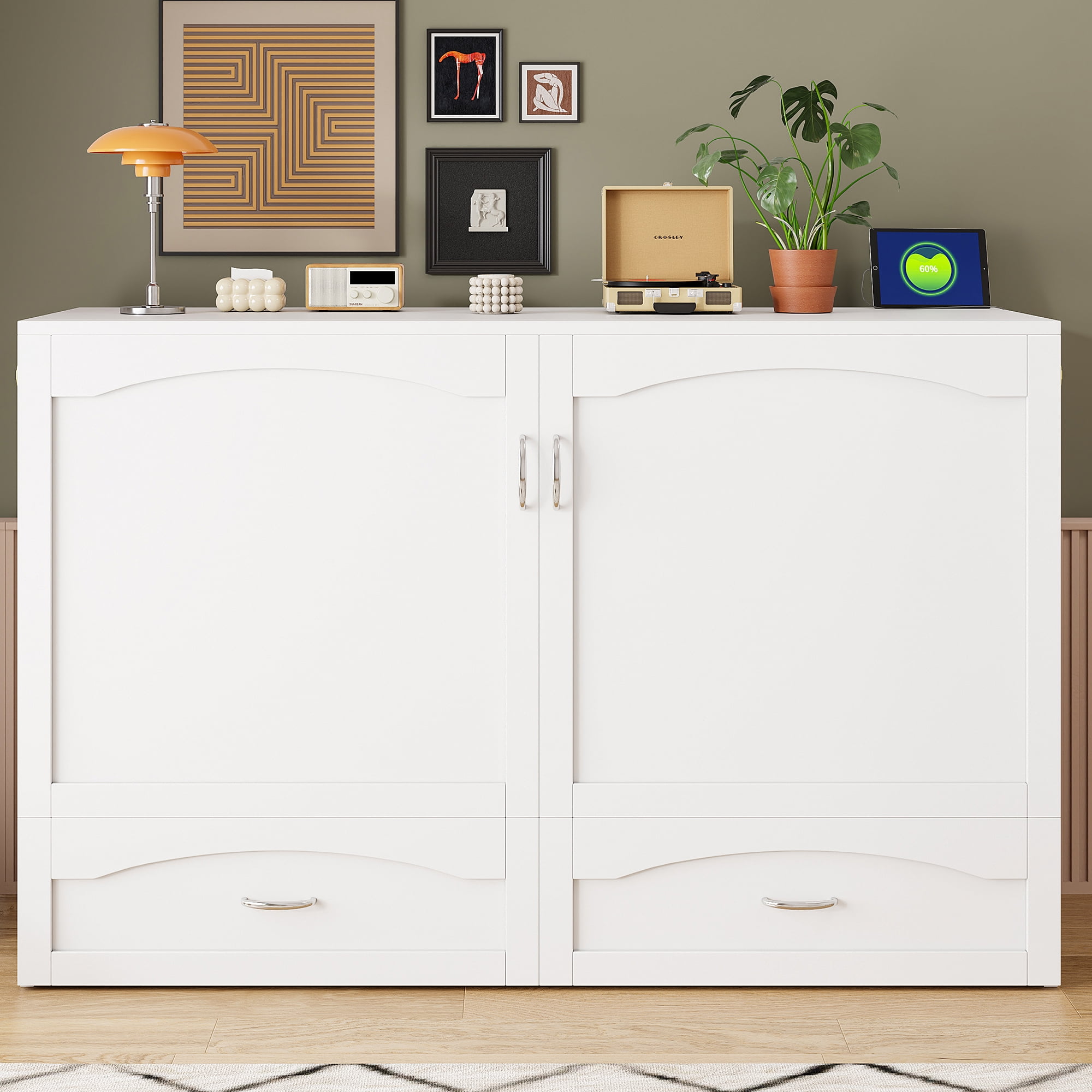 Mintazer Queen Size Murphy Bed with Drawers & Charge Station, Foldable Cabinet Wall Bed for Guest Room Home Office Small Apartment, White