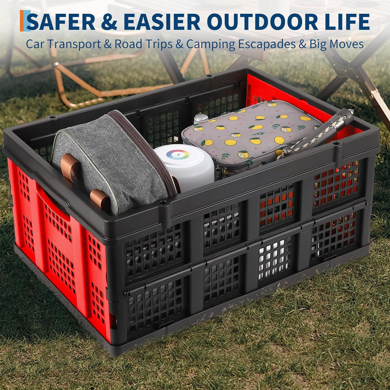 Acekid Collapsible Crate, 55L Foldable Plastic Milk Crate with Side Handles, Heavy Duty Stackable Containers Folding Storage Baskets for Food, Drinks, Books, Tools
