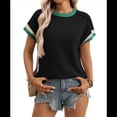 thumbnail image 2 of Blusa Informal de Corta con Cuello Redondo y Bloques de Color Acanalados para Mujer Negro XL, 2 of 9
