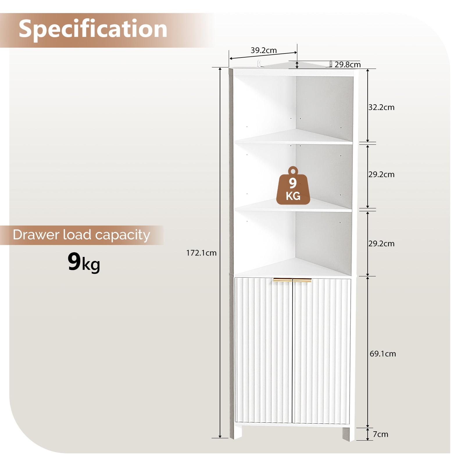 Ktaxon Corner Bathroom Cabinet with Fluted Double - doors, 5 - Tier Freestanding Storage, White