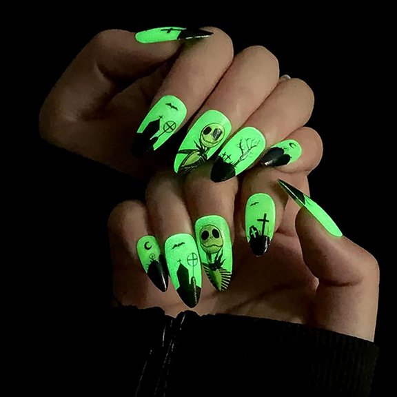 Halloween Press on Nails Medium Almond Fake Nails Full Cover Nightmare Nails Christmas Nails Spider Web False Nails Matte Glue on Nails Artificial Acrylic Nails for Women Girls 24 Pcs Halloween