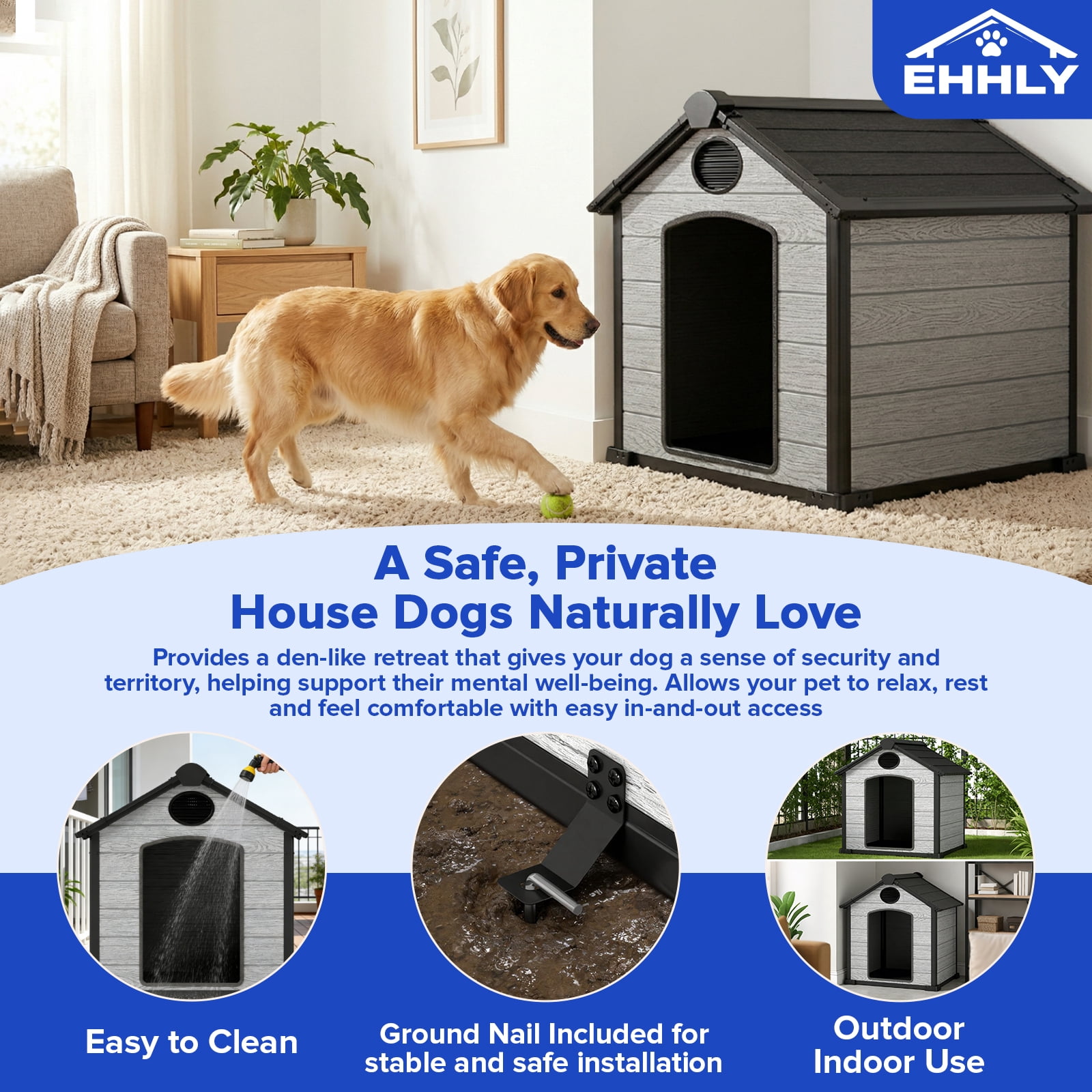 EHHLY Large Dog House Outdoor, Extra Large 46" Insulated Igloo Design with Elevated Floor, For Large Dogs with Spacious Interior, Cement Grey
