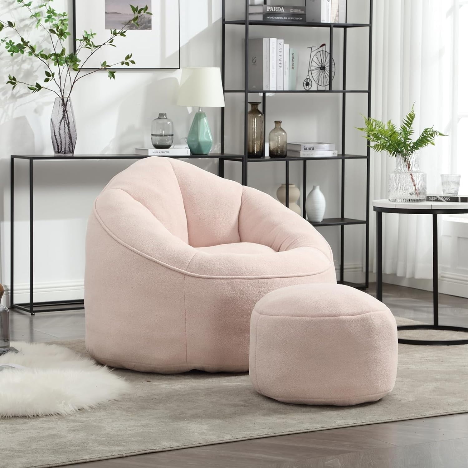 Bean Bag Chair for Adult,Microfiber Upholstered Sofa with Footstool Shell-Shaped Memory Foam Stuffed Lazy Sofa