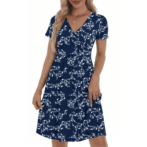 UVN Dresses for Women Deep V Neck Short Sleeve Summer Sundress Midi Party dress with Pocket