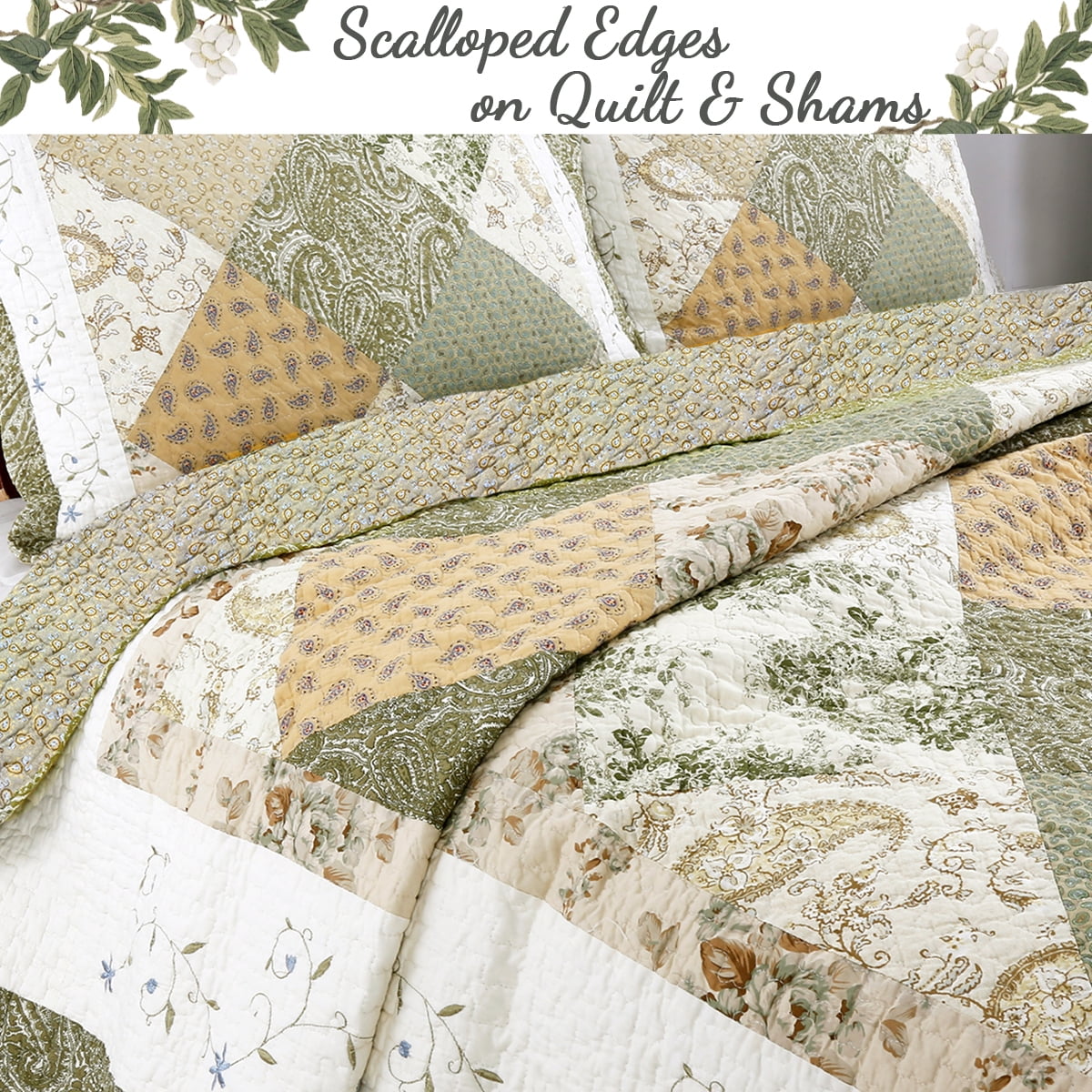 Cozy Line Grace Sage Real Floral Patchwork 100% Cotton Quilt Set, Twin Set