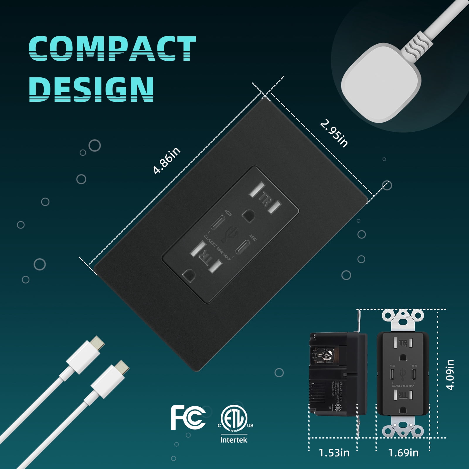 TOPELER PD USB Wall Outlet, 45w Fast Speed 2 Type-C Ports Charger Receptacles, 15A TR Receptacle, Screwless Wall Plate Included, ETL Listed & FCC Approval