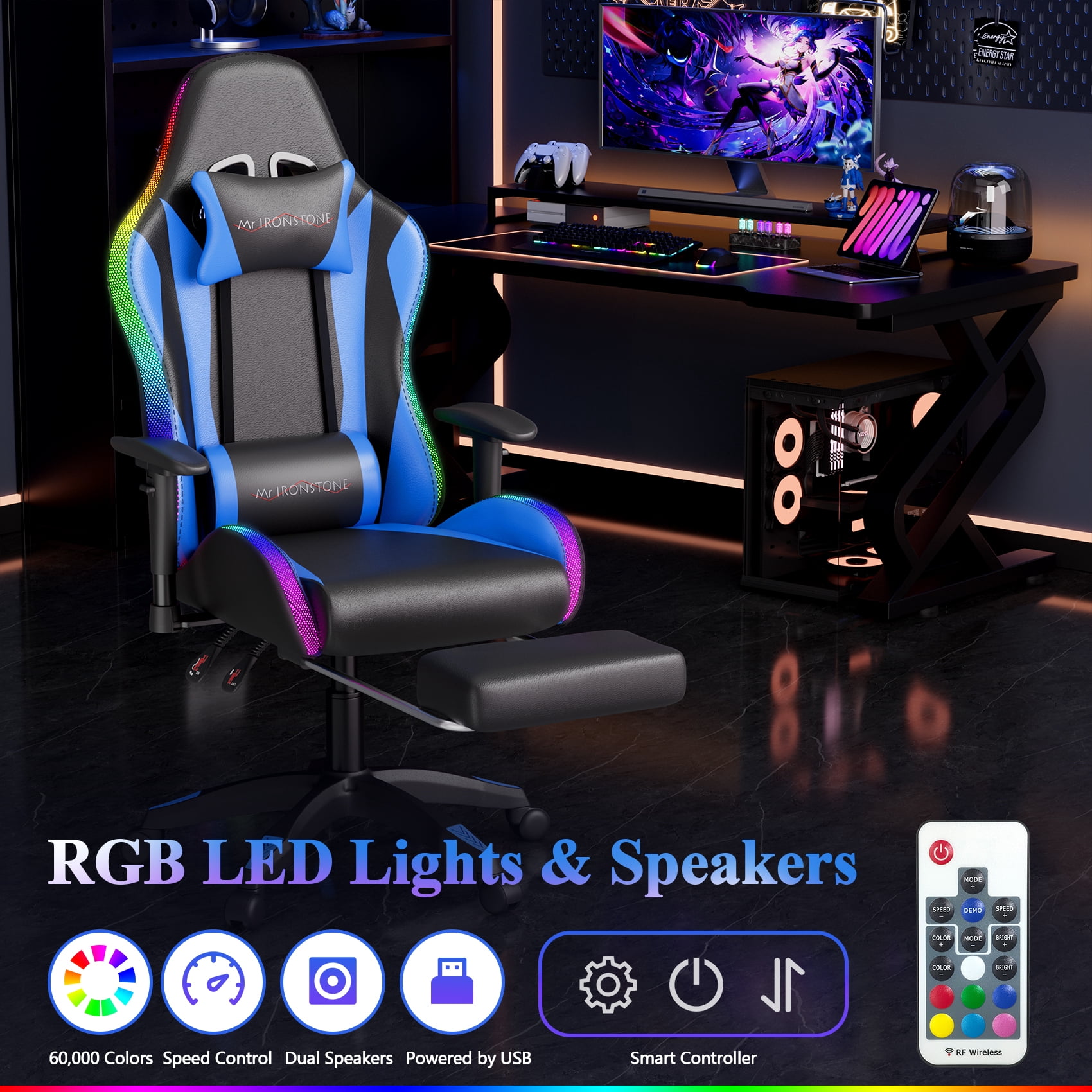 Mr IRONSTONE Gaming Chair for Adults, 7 Point Massage Computer Chair with Bluetooth Speakers RGB, Heavy Duty 400lbs Ergonomic PC Chair with 3D Armrests Footrest, Blue/Black