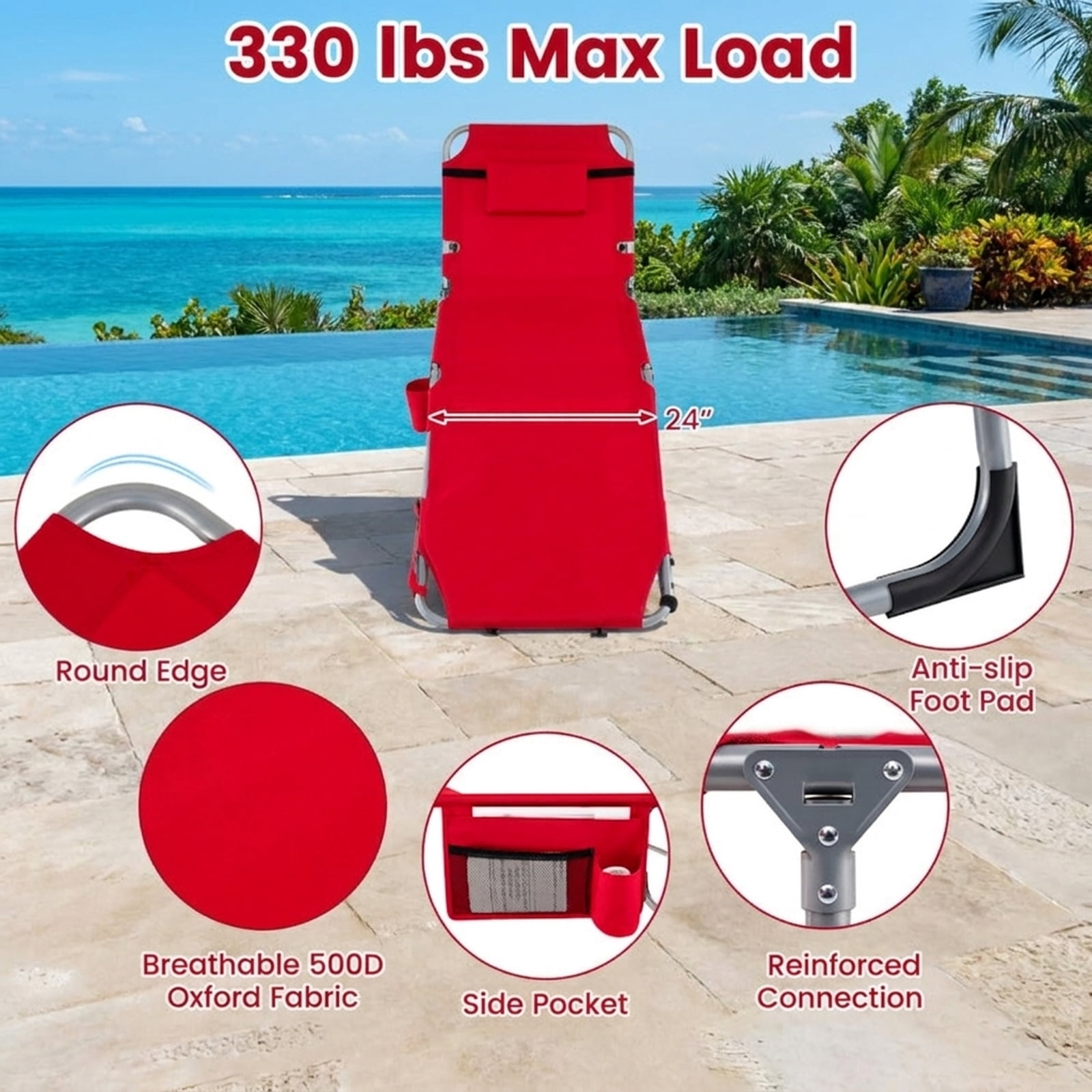 Furnibear Tanning Chair with Face Arm Holes Portable Sunbathing Chair with Adjust and Insert Backrest, 500D Oxford Fabric, Side Pocket and 330 lbs Capacity, Red