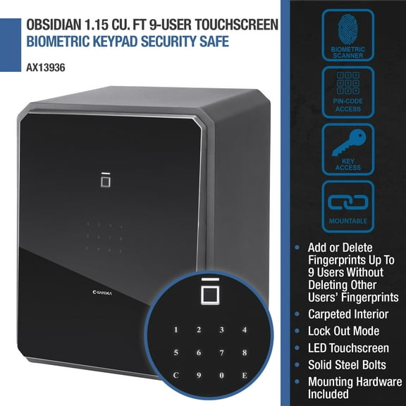 Braska Obsidian Deluxe Touchscreen Home Safe 1.09 Cu Ft 9-User Biometric Fingerprint