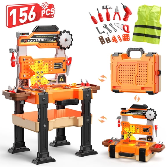 WonderStone 3-in-1 Kids Tool Bench with Electric Toy Drill, 155 PCS Construction Tool Box & Workbench, Mechanic Pretend Play Set, Gift for Ages 4-7, Orange