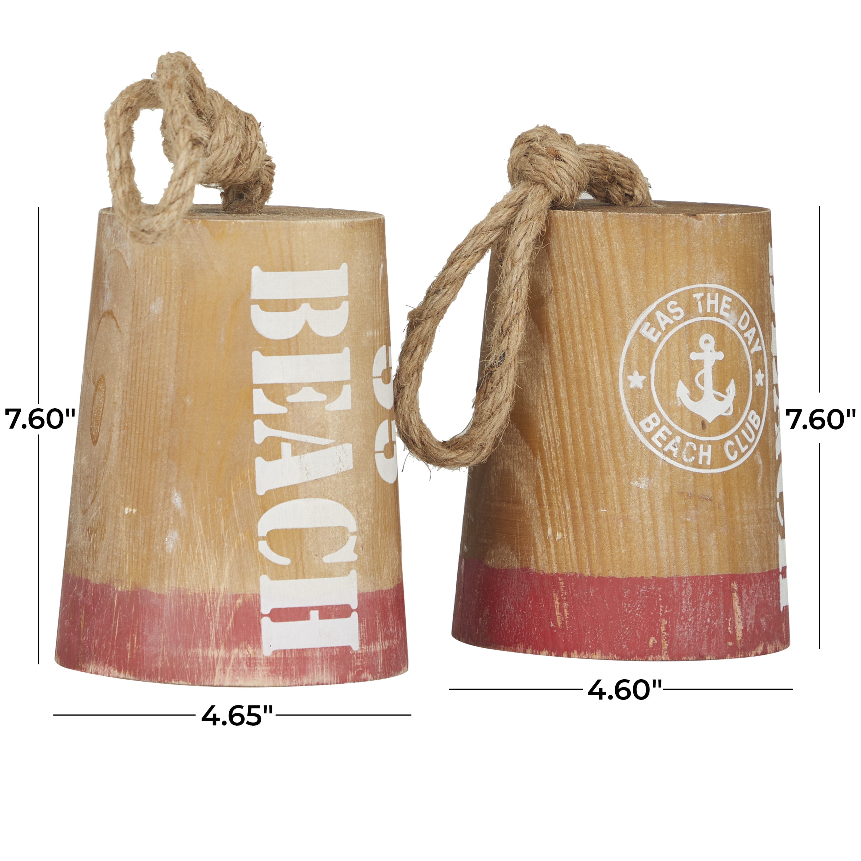 5"W, 8"H Brown Wood Door Stopper Buoy Sculpture with Rope Accents, by DecMode (2 Count)