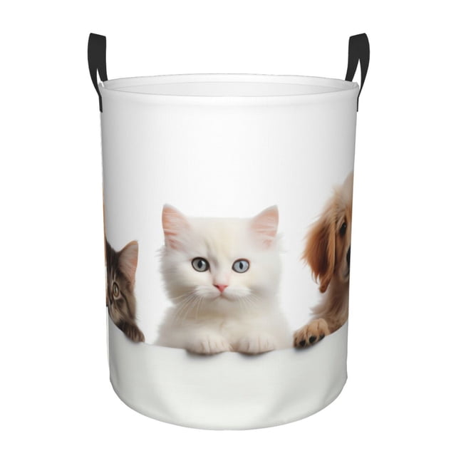 Balery Cute Kittens And Puppy Cesta de ropa redonda con asas, impermeable, independiente, para ropa, juguetes, dormitorio y familia-Small