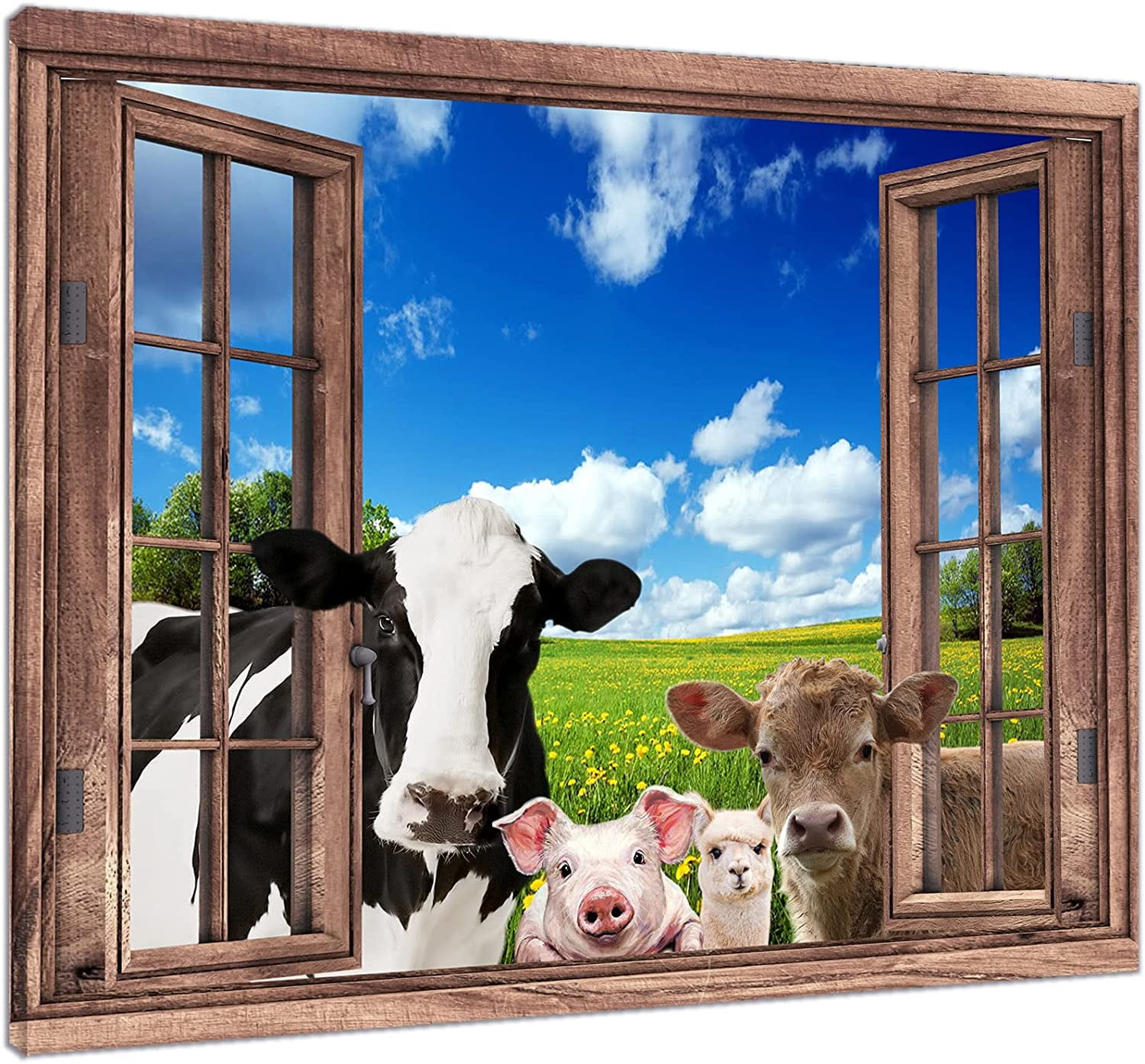 Farm Animal Wall Art Funny Cow and Pig on Grass Wall Decor Painting