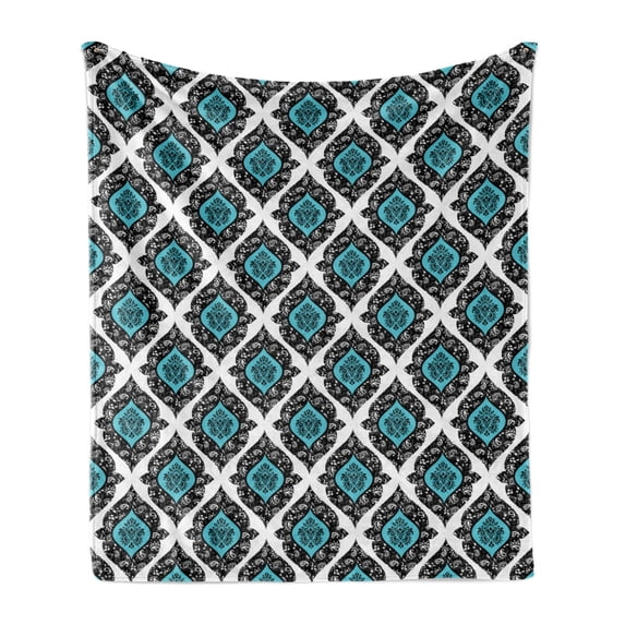 Floral Soft Flannel Fleece Blanket, Baroque Victorian Style Antique Renaissance Shapes Background Fashion Artwork, Cozy Plush for Indoor and Outdoor Use, 50" x 60", Black Aqua White, by Ambesonne
