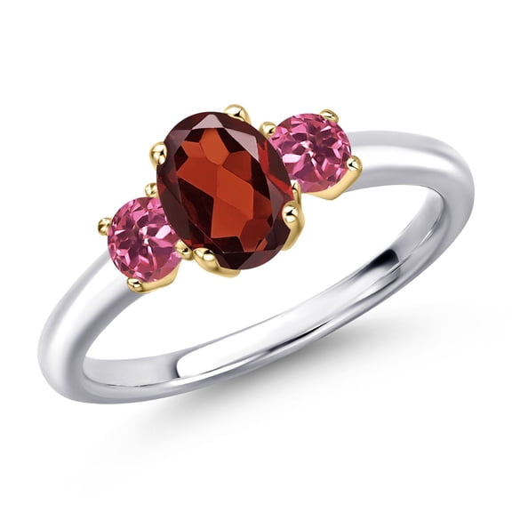 Gem Stone King 925 Silver and 10K Yellow Gold Red Garnet and Pink Tourmaline Engagement Ring for Women | 1.17 Cttw | Oval 7X5MM | Gemstone January Birthstone | Size 5