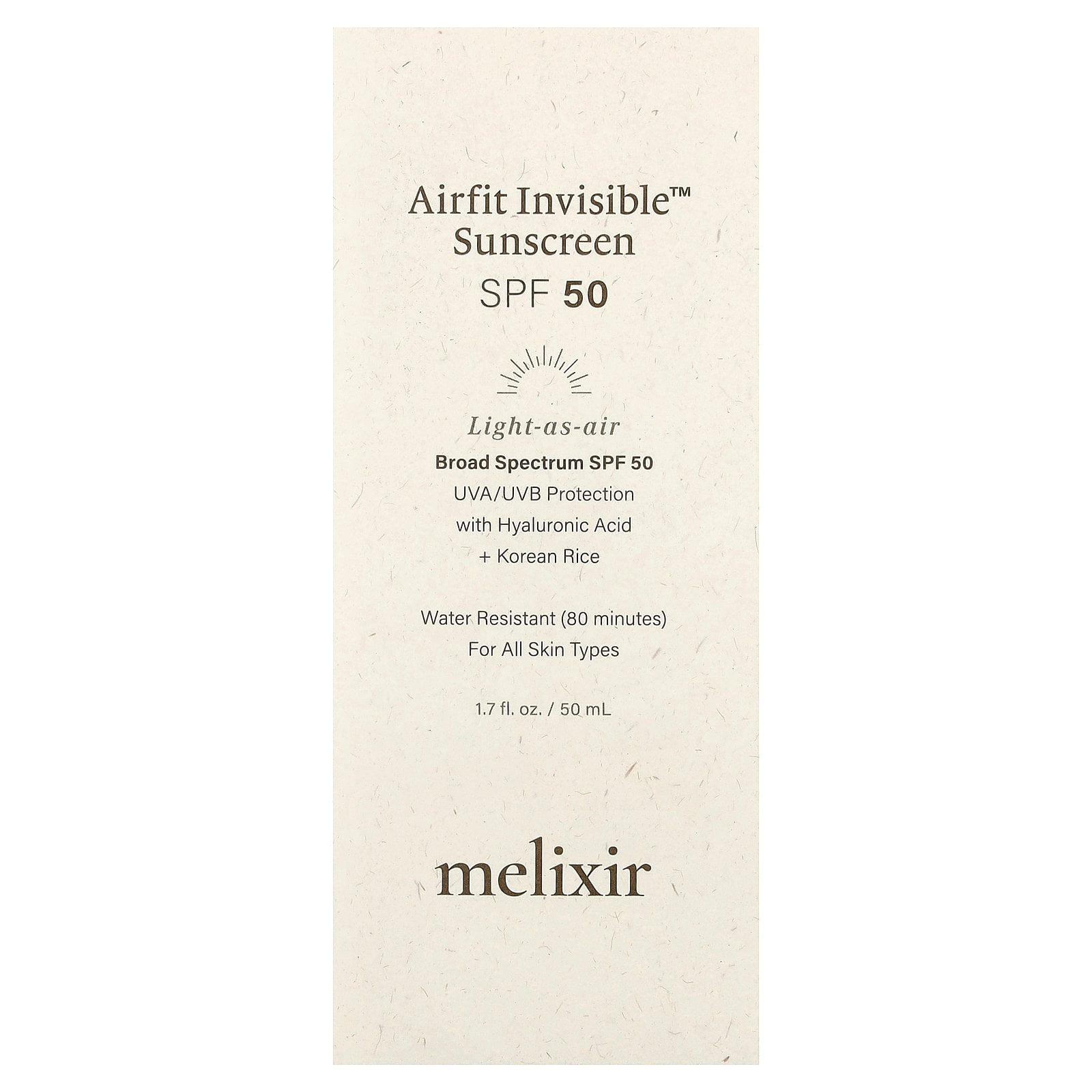 Melixir Airfit Invisible™ Sunscreen SPF 50, Broad Spectrum Korean Rice Sunscreen for Face, Hyaluronic Acid, Moisturizing Daily Protection for Sensitive Skin, No White Cast, Waterproof (1.7fl.oz/50ml)