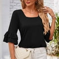 thumbnail image 4 of iHengLiXing Spring Tops for Womens Dressy Casual Women's Casual Solid Color Neck Ruffled Middle Sleeve Loose T-Shirt Top Black XXL, 4 of 8