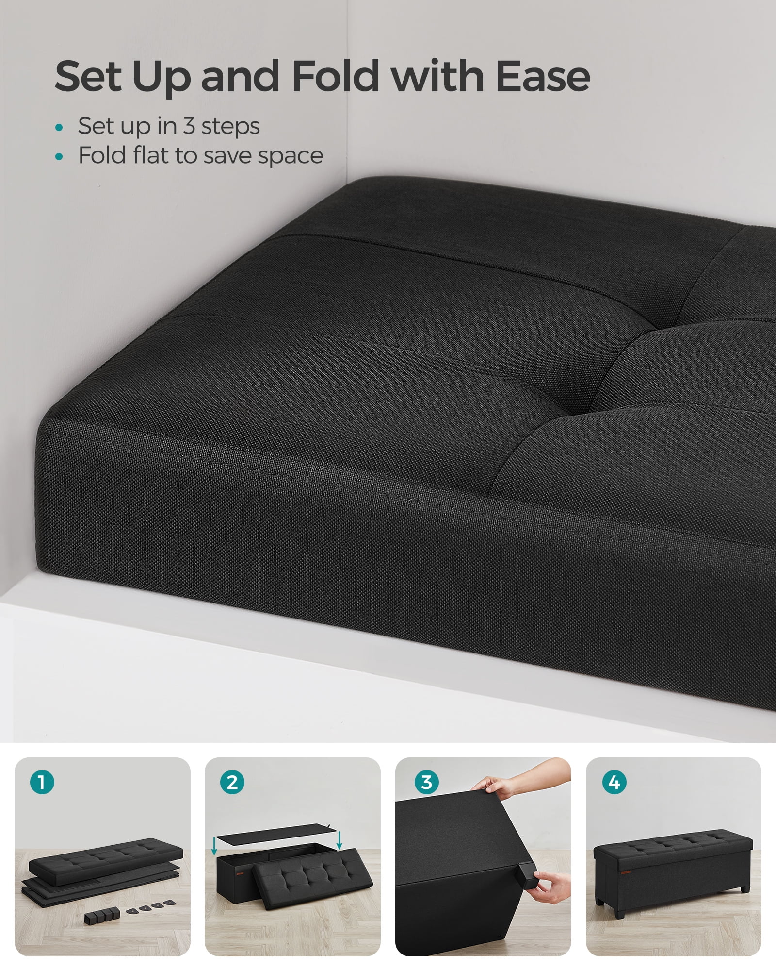 SONGMICS 43" Storage Ottoman Bench Foldable Ottoman with Storage Ottoman for Bedroom Living Room Ink Black