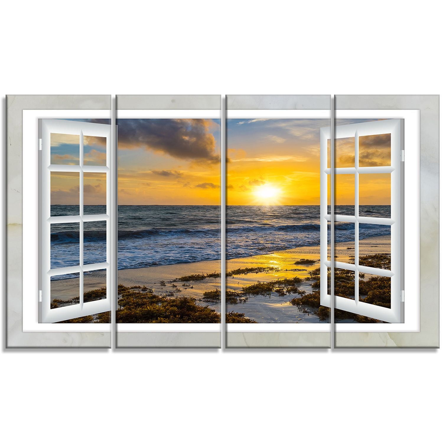 Design Art Open Window to Bright Yellow Sunset Modern Seascape Canvas Artwork Print