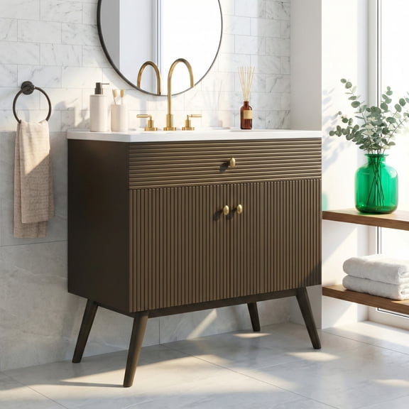 Christopher Knight Home 36" Luxury Striped Bathroom Vanity with Ceramic Sink, Soft Close Doors, Dark Brown