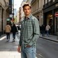 thumbnail image 2 of Plaid Dress Shirts for Men Long Sleeve Lapel Button Down Shirt Slim Fit Stretch Gingham Checkered Tops, 2 of 7