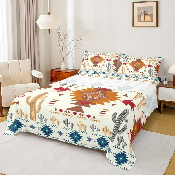 Homewish Tribal Boho Aztec Twin Sheet Sets for Teen, Retro Orange Abstract Twin Fitted Sheet, Southwestern Flat Sheet, Super Cozy Room Decor, 3 Pieces