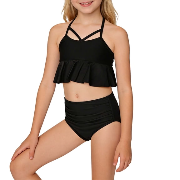 Cethrio Bikini Swimsuits for Girl, High-waisted Two Piece Vacation Summer Bathing Suits Black Size 10-12