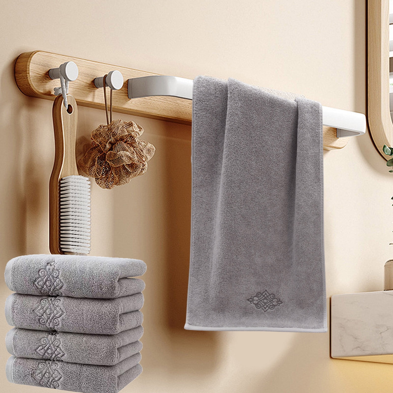 Hand Towel Set of 4 Super Thick Luxury Cotton Soft Highly Absorbent Embroidered Hand Towels for Bathroom Decorative Hotel Quality (14 x 31 in,Gray)