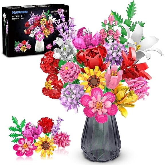 TERRAMUS Flower Bouquet Building Set, 1464 Pcs Botanical Construction Kit, 18 Styles Flower Building Blocks with Roses Sunflowers Tulips, Display Gift for Ages 8