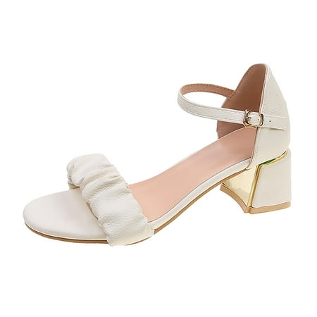 

ãYilirongyummã Beige 42 Sandals Women Ladies Fashion Solid Color Leather Crumpled High Heel Buckle Sandals