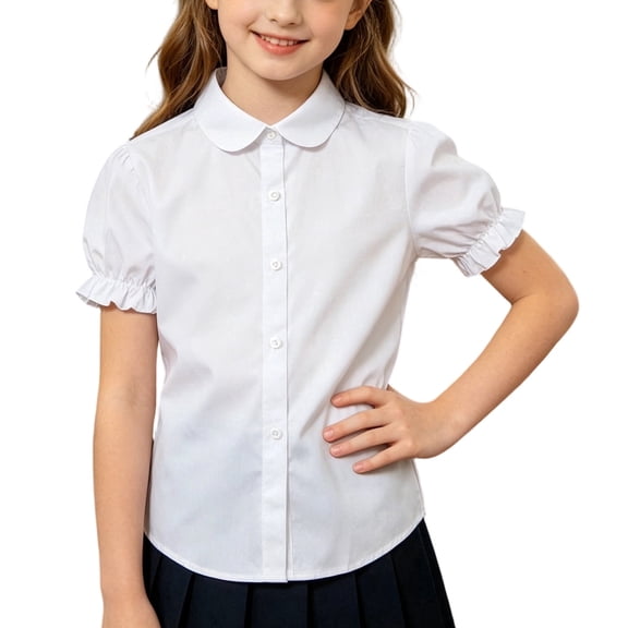 AVRNLIQ Girls White Peter Pan Collar Short Sleeve Puff Sleeve School Uniform Blouse Button Down Rayon Shirt,Size 5 T