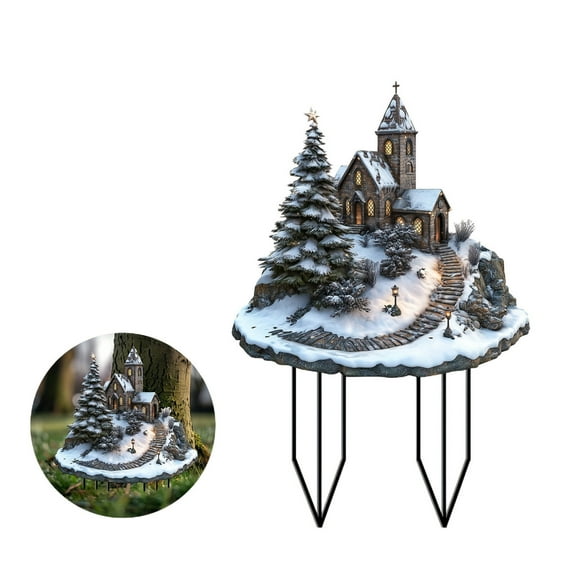 Wadada Christmas Flower Pot Decoration, Christmas Holiday Yard Signs, Realistic Fairy Castle Yard Props Decoration Sign, Acrylic Garden Ground Plug Decor for Lawn Stakes Garden (Castle & Tree)