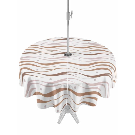 Outdoor Tablecloths with Umbrella Hole & Zipper, Brown Stripes Round Tablecloth 54 Inch, Minimalism Ombre Waves Abstract Textures Waterproof Table Cloth, Patio/Pool/Picnic Table Covers
