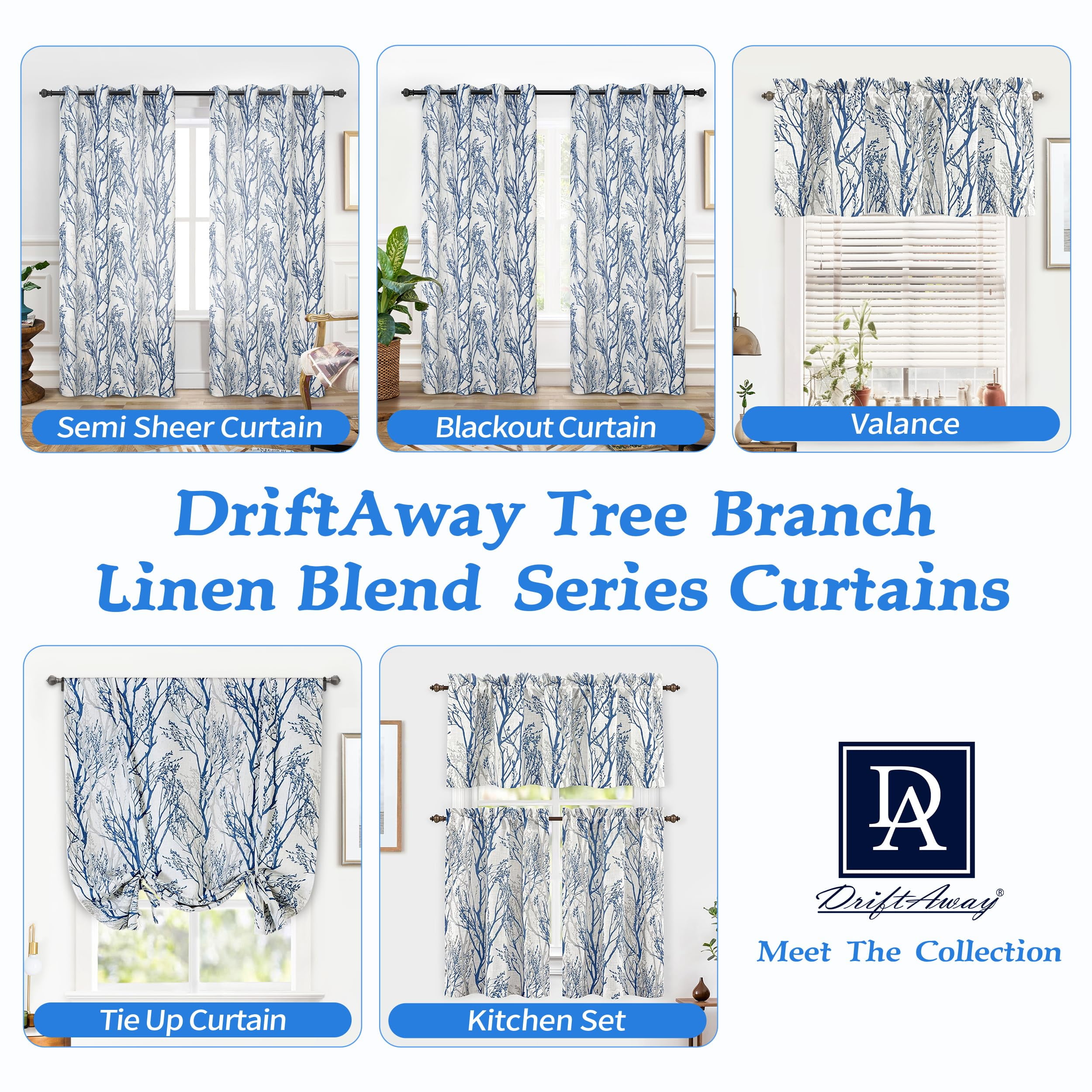 DriftAway Tree Branch Linen Blend Abstract Ink Printing Lined Thermal Insulated Window Curtain Valance Rod Pocket 52 Inch by 18 Inch Plus 2 Inch Header Blue