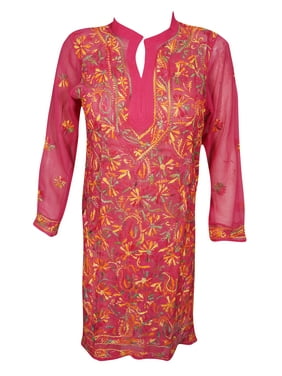 Mogul Ethnic Indian Style Floral Embroidered Long Tunic Dress Sheer Georgette Summer Beach Bikini Cover Up Kurtis For Womens XS